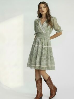 NWT Taylor Fairy Modest Puff Sleeve Prairie Cottage Green Floral Mini Dress Sz 2